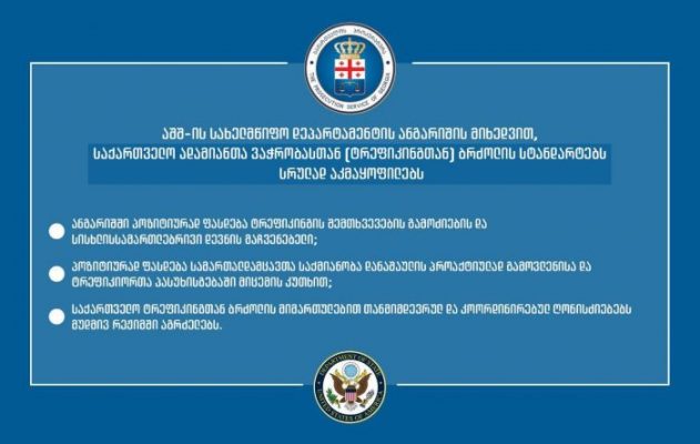 აშშ-ის დეპარტამენტის ანგარიში: საქართველო სრულად აკმაყოფილებს ტრეფიკინგთან ბრძოლის სტანდარტებს და ამ მიმართულებით თანმიმდევრულ და კოორდინირებულ ღონისძიებებს მუდმივ რეჟიმში აგრძელებს
