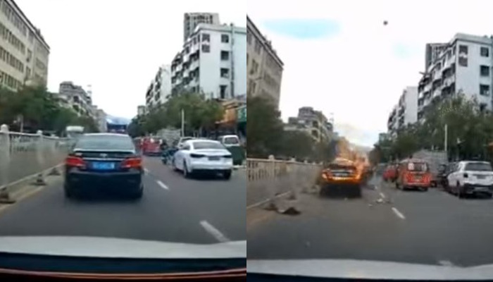 VIDEO: მოძრავი Toyota Camry ქუჩაში აფეთქდა – შემთხვევა გამვლელებმა გადაიღეს